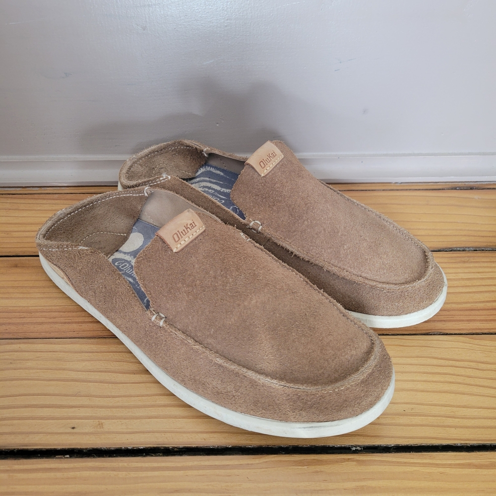 Olukai Men's Soft Suede Leather Tan Slip-On Loafer Boat Shoes Slippers House